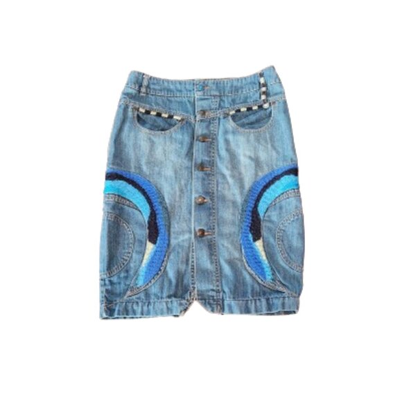 Oilily Boho Button Down On-Knee Embroidered Denim Pencil Skirt. - Picture 1 of 4